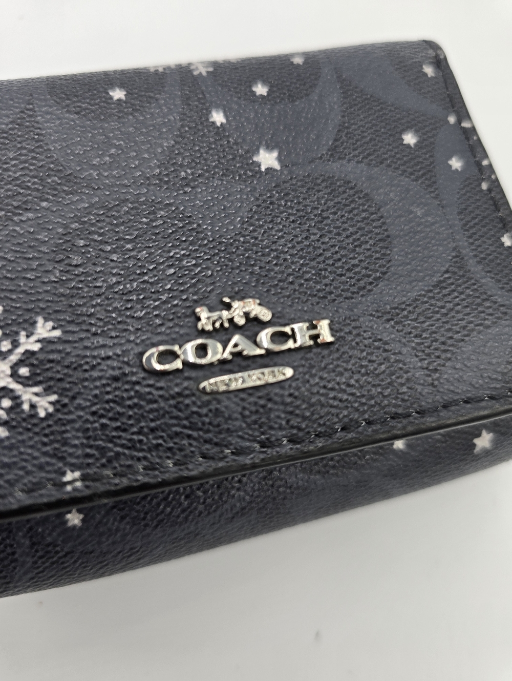 COACH Navy Blue Signature Snowflake Compact Trifold Wallet with Silver Logo - Picture 2 of 15